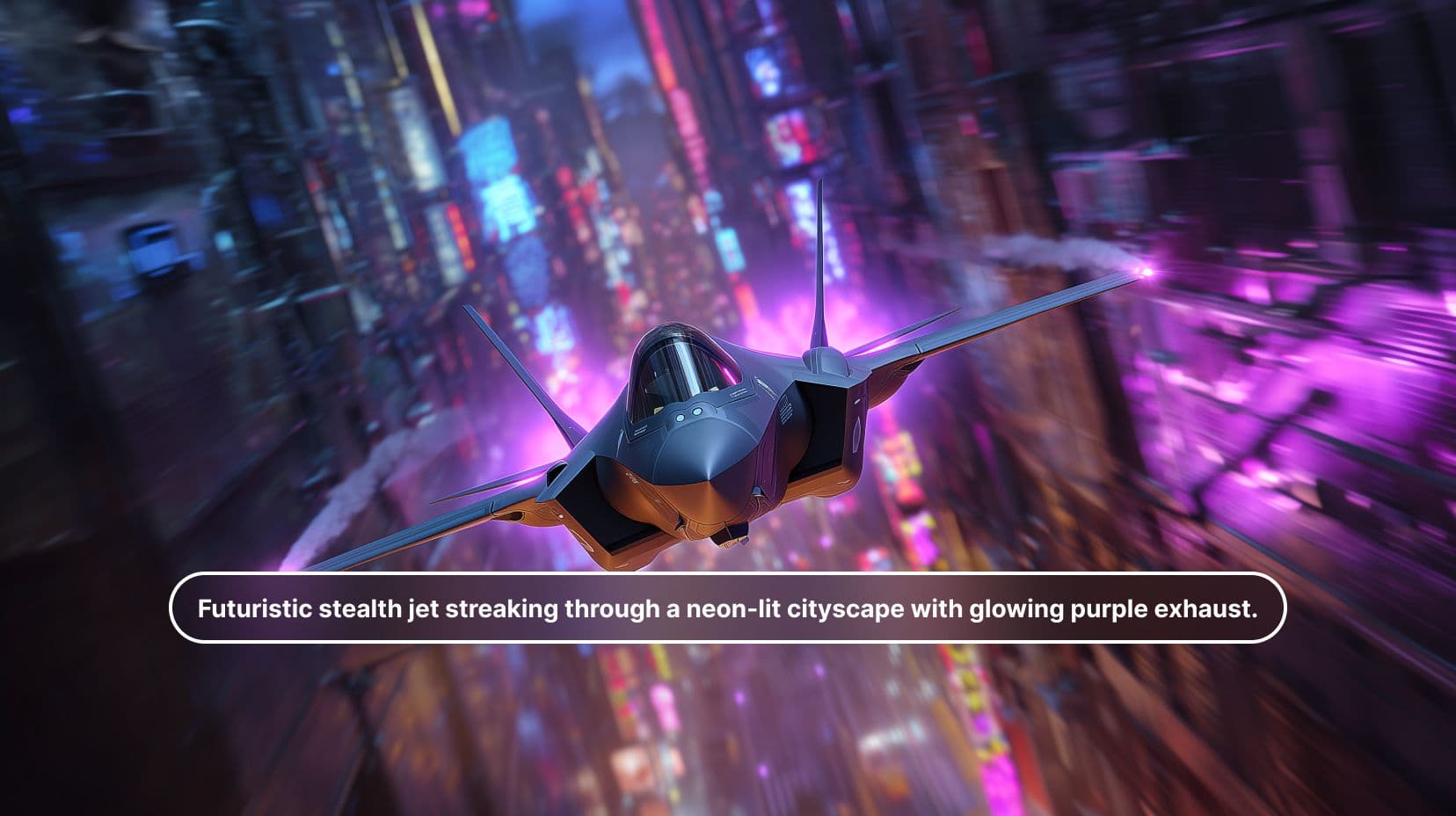 Futuristic stealth jet streaking through a neon-lit cityscape with glowing purple exhaust